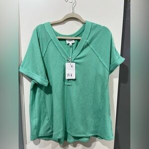 ANDREE BY UNIT Mint Ribbed Short Sleeve Henley Top